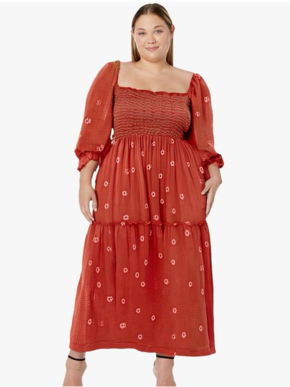 Smocked Rust Red Maxi Dress with Puff Sleeves